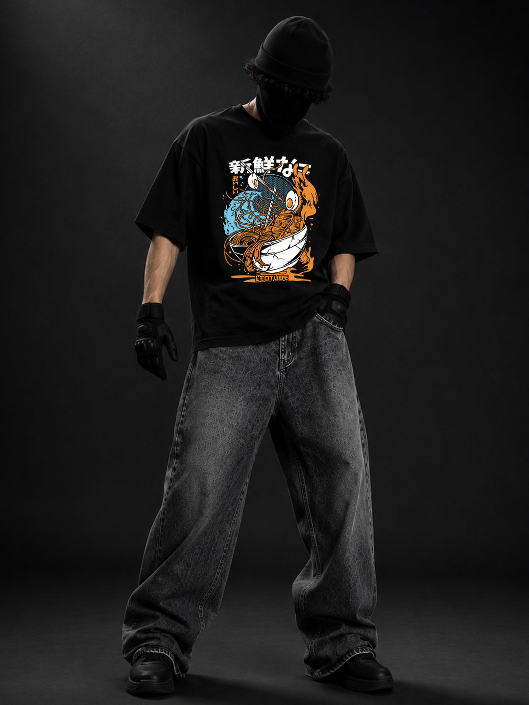 Leotude Men "Ramen" Black Oversized T-Shirt