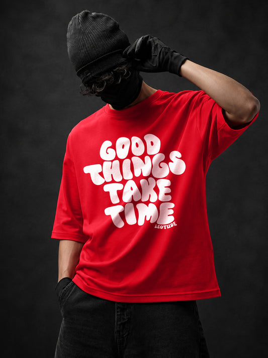 Leotude Men "Good Things Take Time" Red Oversized T-Shirt