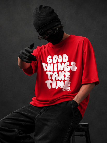 Leotude Men "Good Things Take Time" Red Oversized T-Shirt