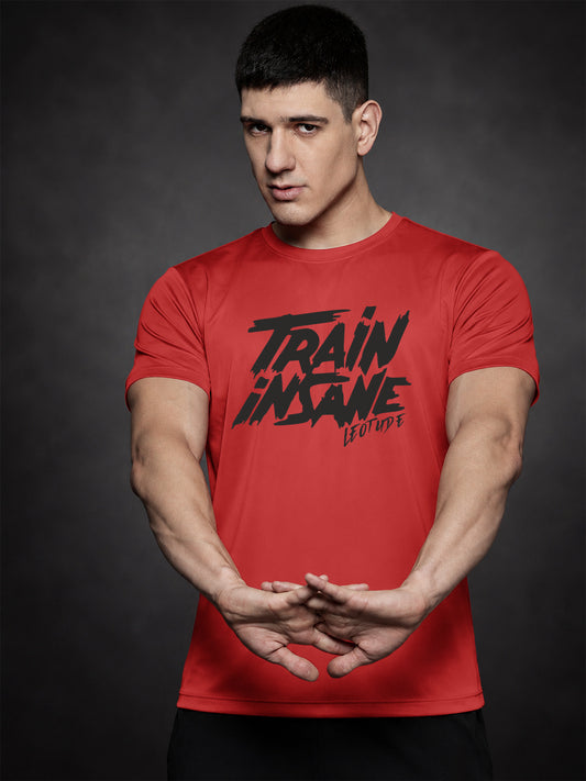 Leotude Men's "Train Insane" Printed T-Shirt — Red Gym Typography Tee