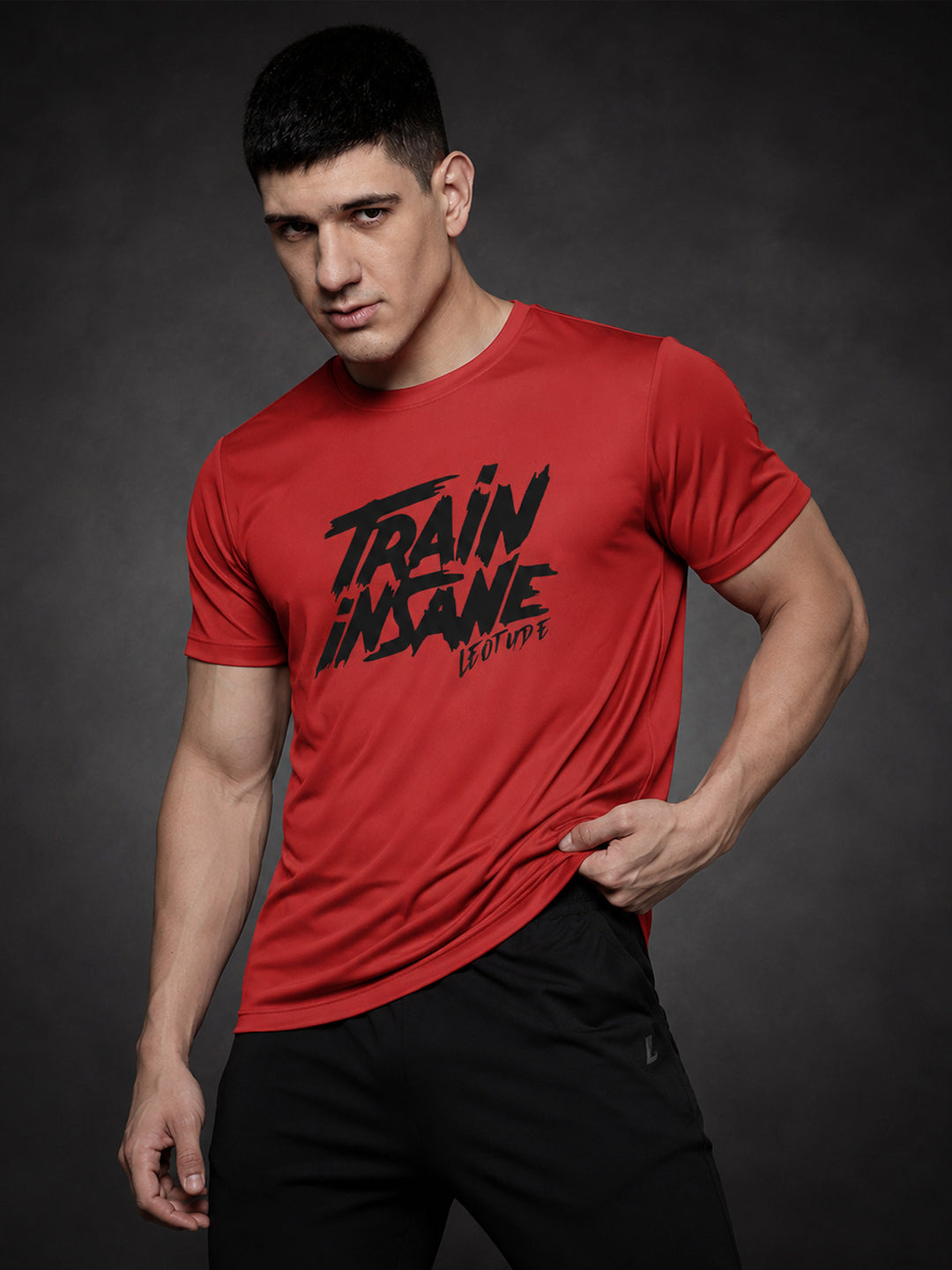 Leotude Men's "Train Insane" Printed T-Shirt — Red Gym Typography Tee