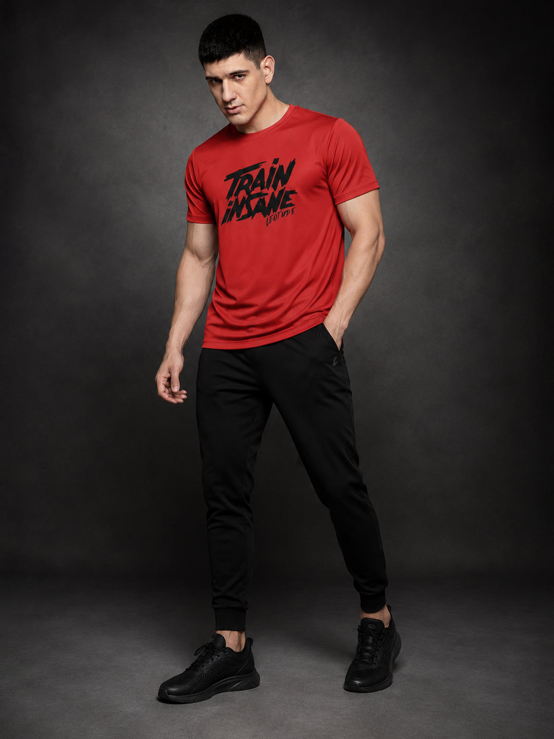 Leotude Men's "Train Insane" Printed T-Shirt — Red Gym Typography Tee