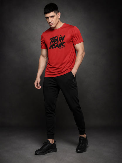 Leotude Men's "Train Insane" Printed T-Shirt — Red Gym Typography Tee