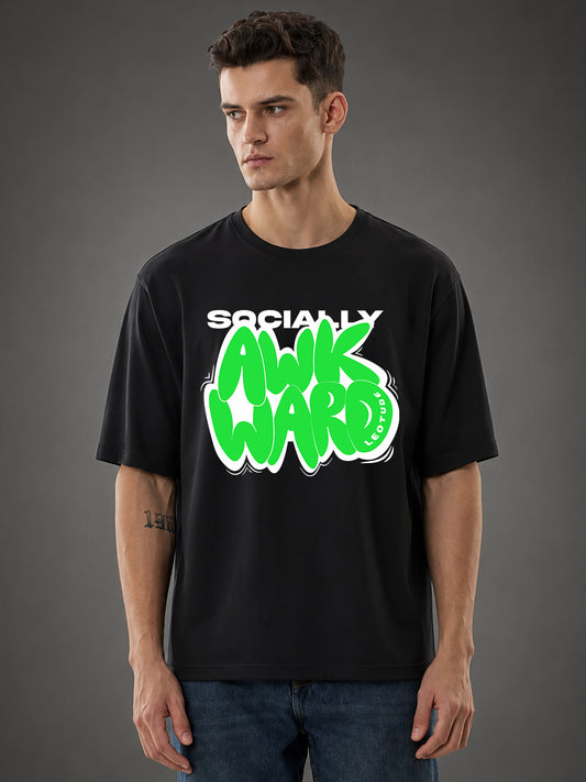 Leotude Men's "Socially Awkward" Printed Oversized T-Shirt — Black Streetwear Tee