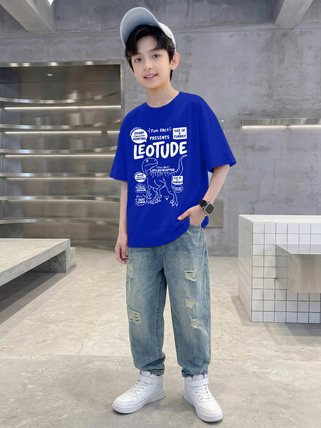 Leotude Boys "Velociraptor Fun Facts" Printed Oversized T-Shirt — Blue Kids Streetwear Tee