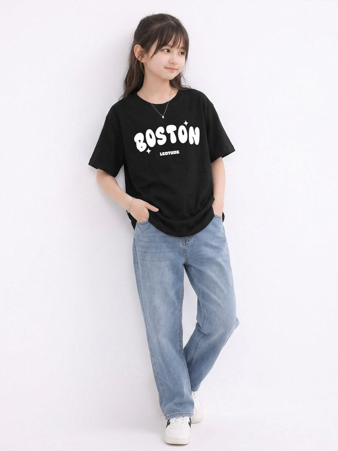 Leotude Girls "Boston" Printed Oversized T-Shirt — Black Kids Streetwear Tee