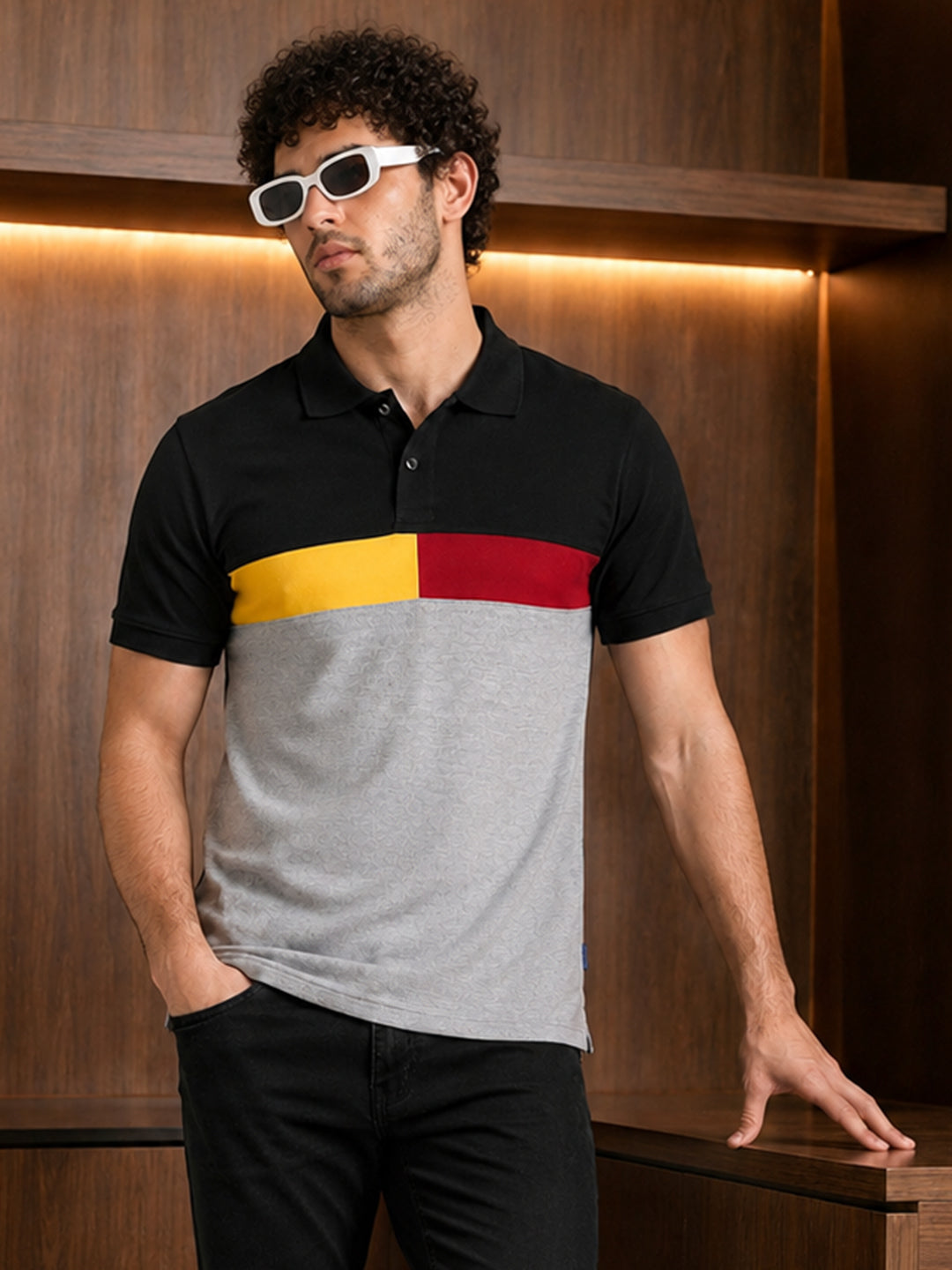 Leotude Men's Black Colour Block Polo T-Shirt
