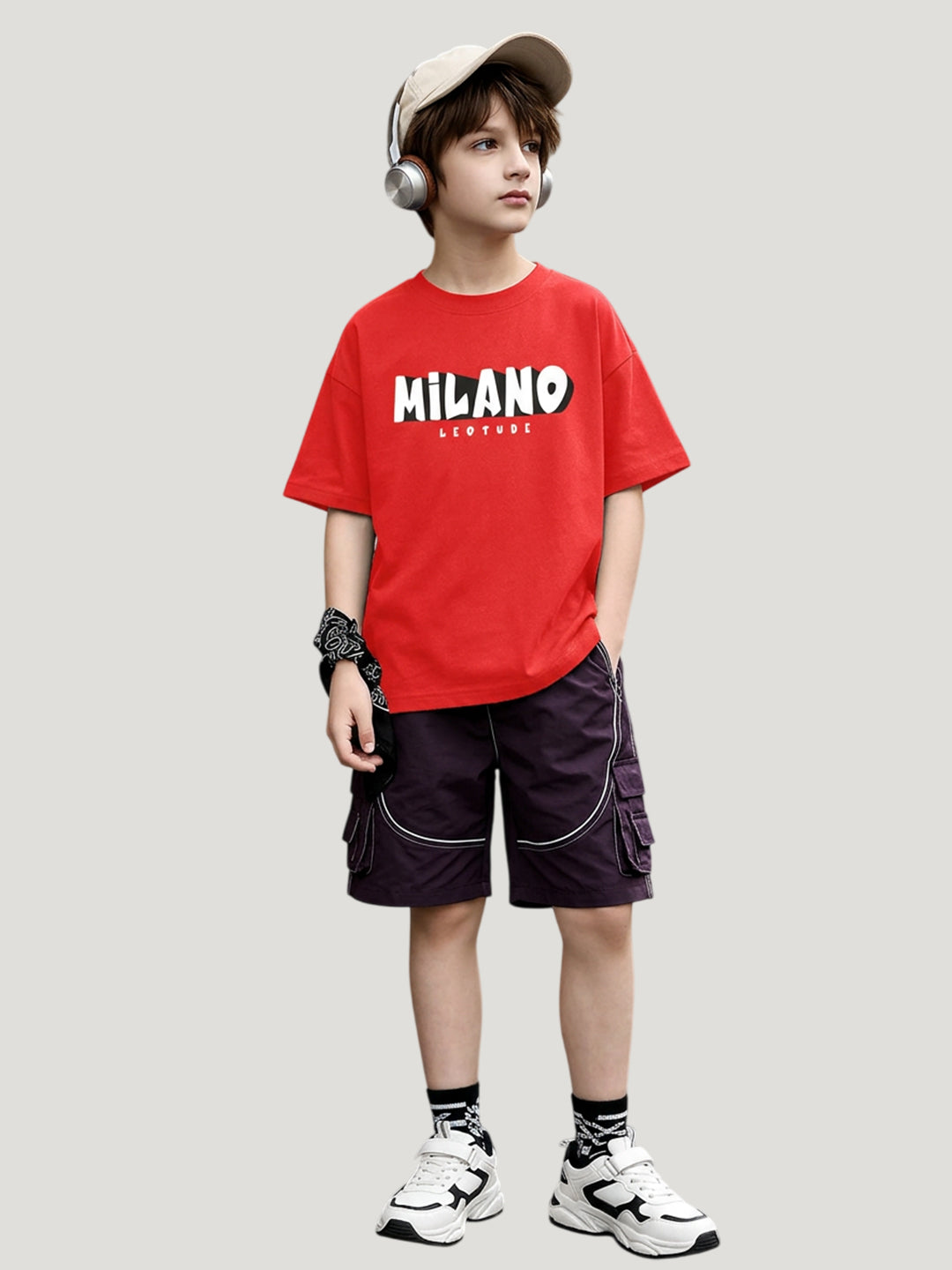 Leotude Boys "Milano" Printed Oversized T-Shirt — Red Kids Streetwear Tee