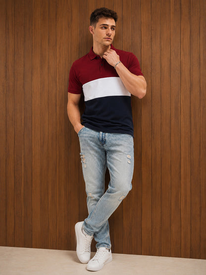 Leotude Men's Maroon White Navy Colour Block Polo T-Shirt