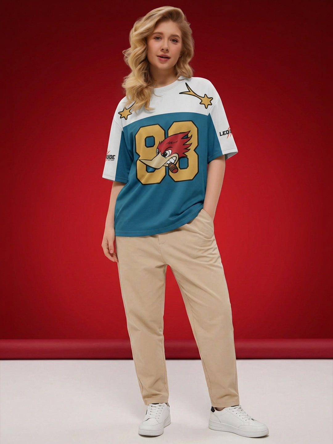 Leotude "Woodpecker 88" Cartoon Jersey Oversized T-Shirt — Women's Colorblock Tee