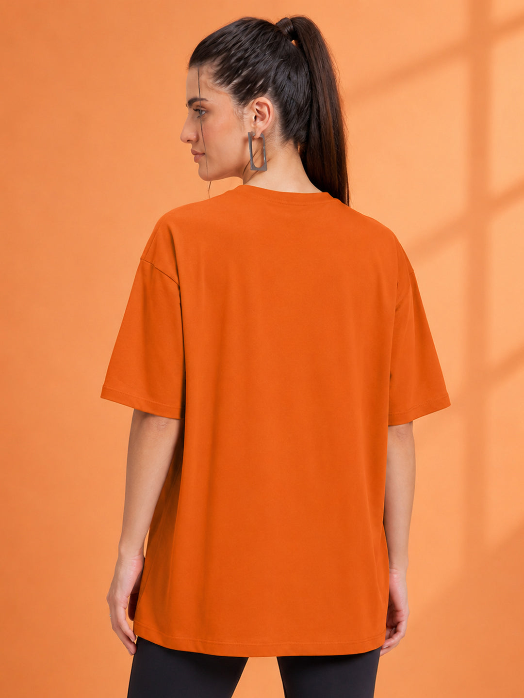 Leotude Oversized Plain T-Shirt — Women's Solid Cotton Drop-Shoulder Tee - Orange