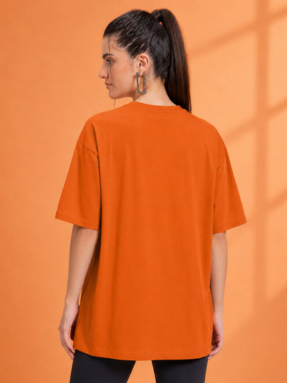 Leotude Oversized Plain T-Shirt — Women's Solid Cotton Drop-Shoulder Tee - Orange