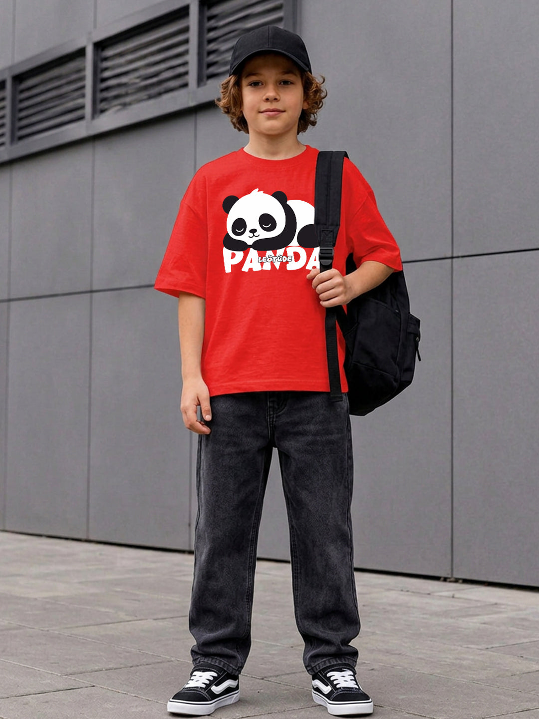 Leotude Boys "Panda" Printed Oversized T-Shirt — Red Kids Streetwear Tee