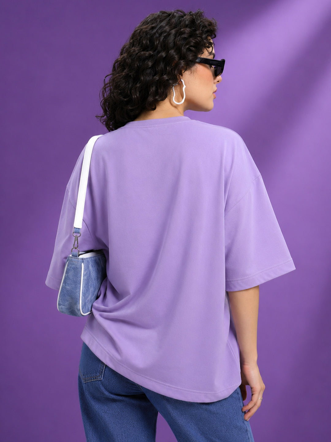 Leotude Oversized Plain T-Shirt — Women's Solid Cotton Drop-Shoulder Tee - Purple