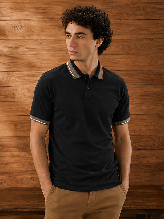 Leotude Men's Black Tipped Collar Polo T-Shirt