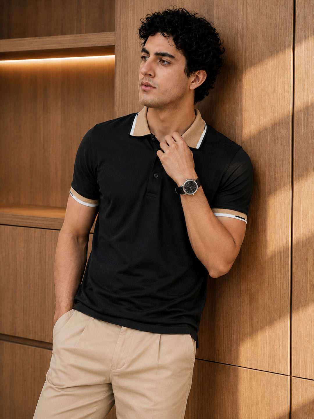 Leotude Men's Contrast Tipped Polo T-Shirt — Black & Beige Regular Fit Tee