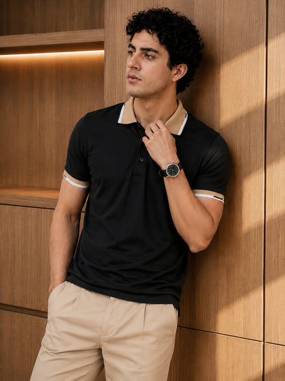 Leotude Men's Contrast Tipped Polo T-Shirt — Black & Beige Regular Fit Tee
