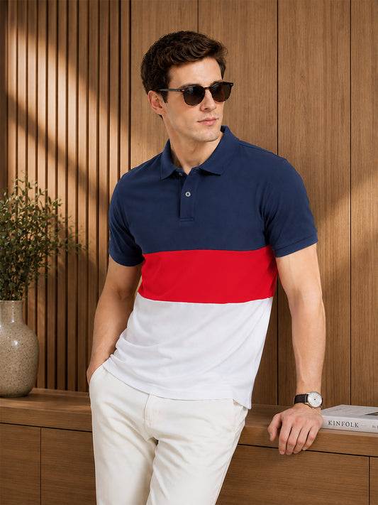 Leotude Men's Navy Red White Colour Block Polo T-Shirt