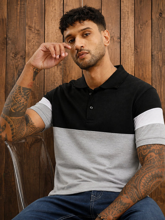 Leotude Men's Black Grey Panelled Sleeve Stripe Polo T-Shirt