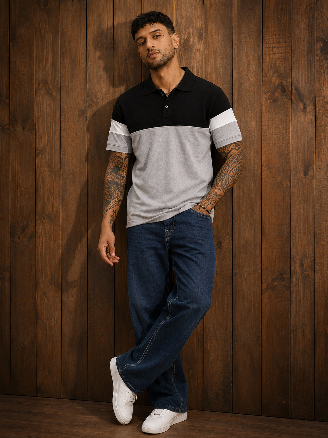 Leotude Men's Black Grey Panelled Sleeve Stripe Polo T-Shirt