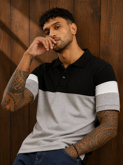 Leotude Men's Black Grey Panelled Sleeve Stripe Polo T-Shirt