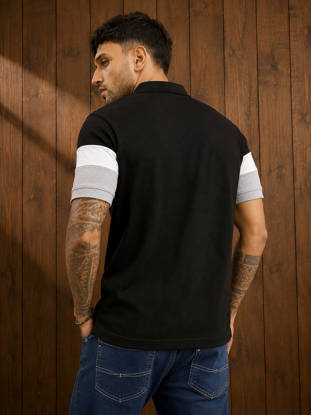 Leotude Men's Black Grey Panelled Sleeve Stripe Polo T-Shirt