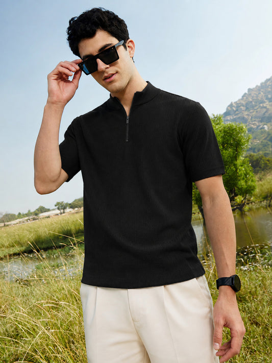 Leotude Men's Black Ribbed Half Zip Polo T-Shirt