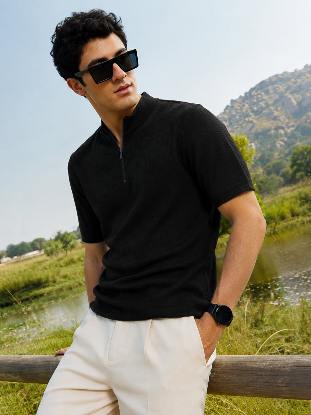 Leotude Men's Black Ribbed Half Zip Polo T-Shirt