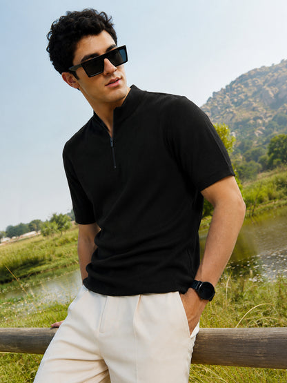 Leotude Men's Black Ribbed Half Zip Polo T-Shirt
