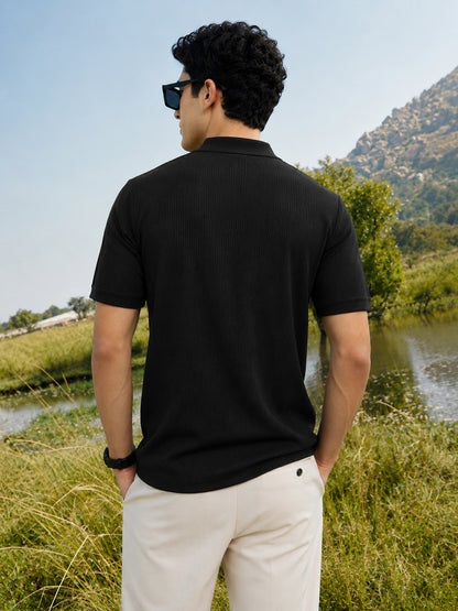 Leotude Men's Black Ribbed Half Zip Polo T-Shirt