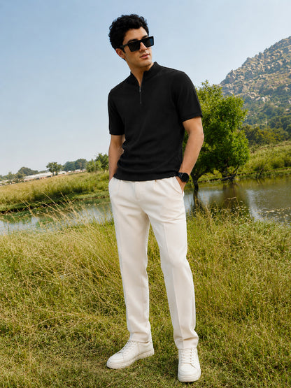 Leotude Men's Black Ribbed Half Zip Polo T-Shirt