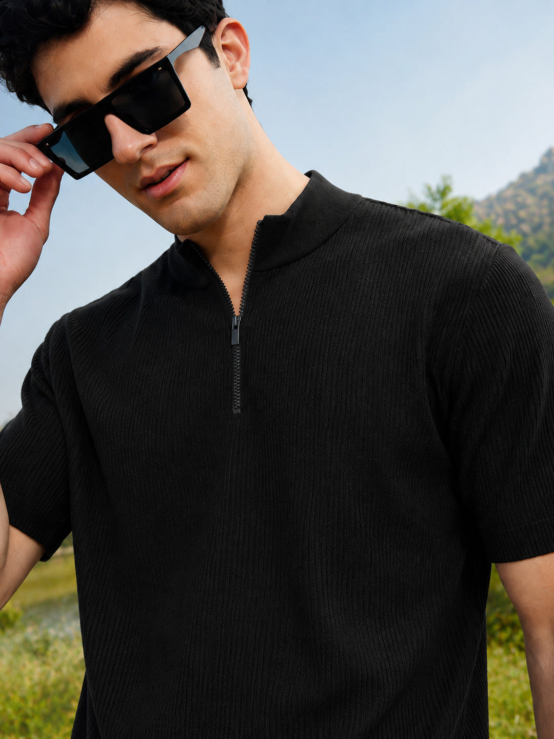 Leotude Men's Black Ribbed Half Zip Polo T-Shirt