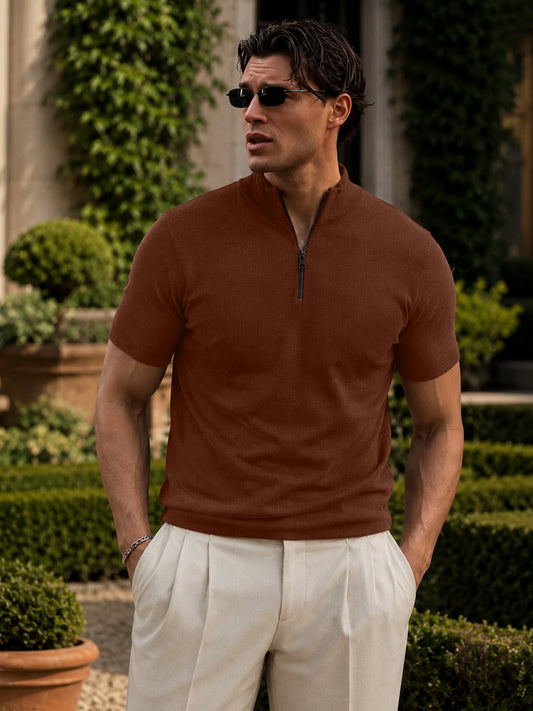 Leotude Men's Rust Brown Textured Half Zip Polo T-Shirt