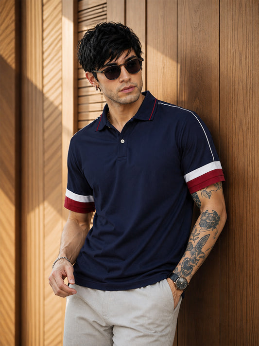 Leotude Men's Navy Blue Contrast Piping Polo T-Shirt