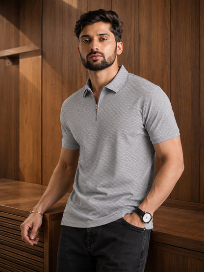 Leotude Men's Grey Honeycomb Textured Half Zip Polo T-Shirt
