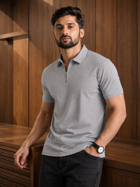 Leotude Men's Grey Honeycomb Textured Half Zip Polo T-Shirt