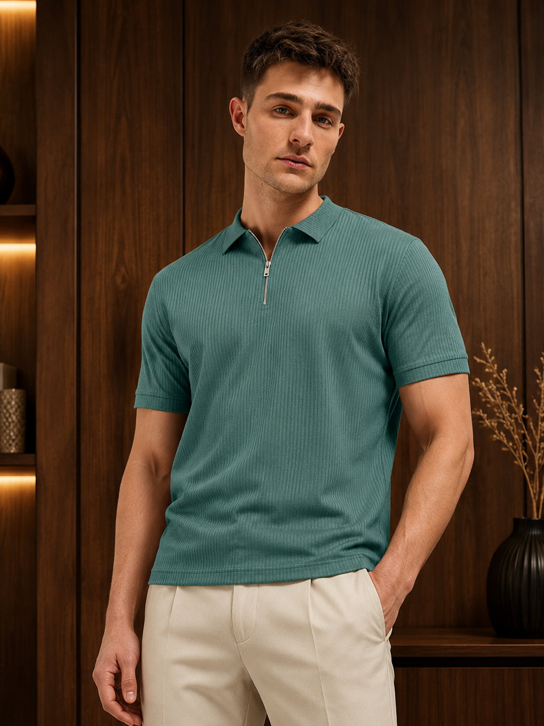 Leotude Men's Teal Green Ribbed Half Zip Polo T-Shirt