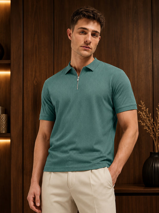 Leotude Men's Teal Green Ribbed Half Zip Polo T-Shirt