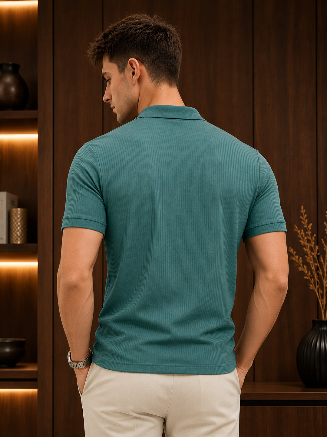 Leotude Men's Teal Green Ribbed Half Zip Polo T-Shirt