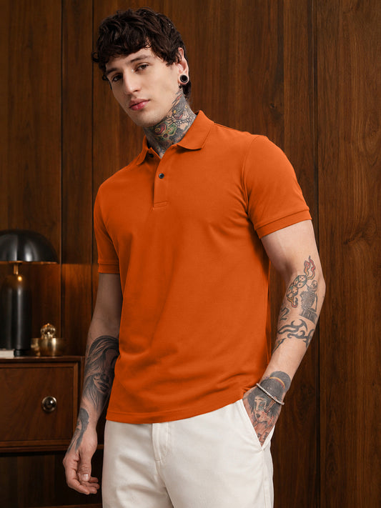 Leotude Men's Rust Orange Solid Polo T-Shirt