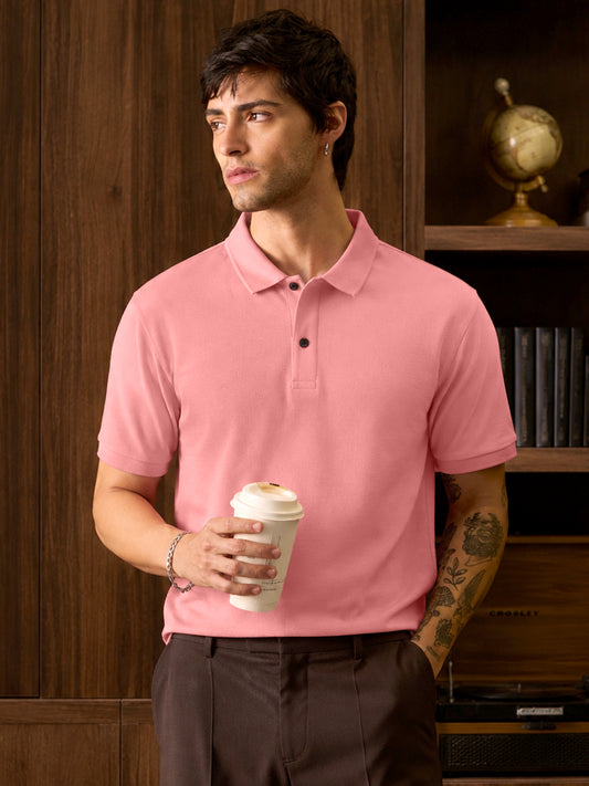Leotude Men's Rose Pink Solid Polo T-Shirt
