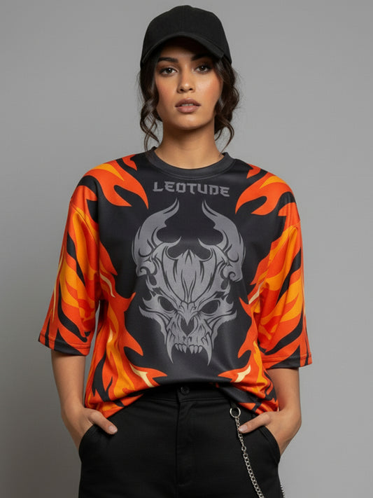 LEOTUDE Women's Flame & Skull Graphic Oversized T-Shirt — Streetwear Tee