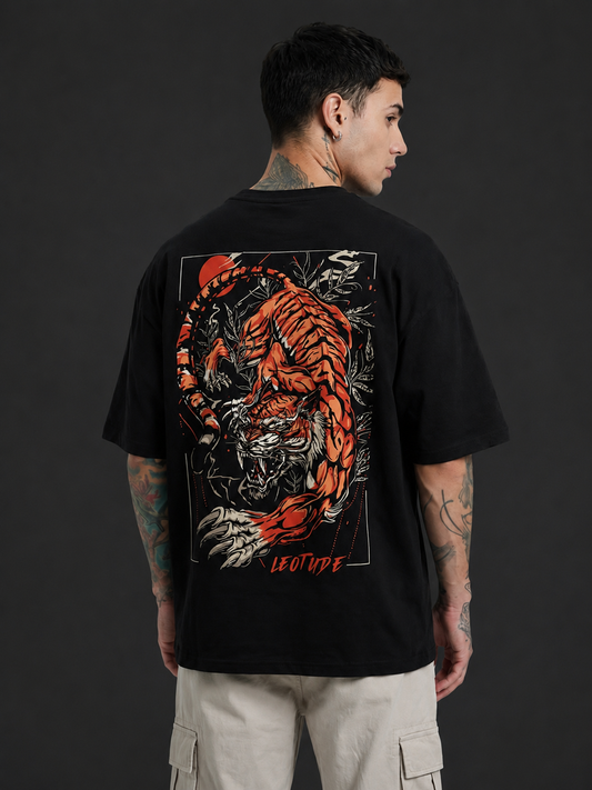Leotude Men's "Prowling Tiger" Back Print Oversized T-Shirt — Black Streetwear Tee