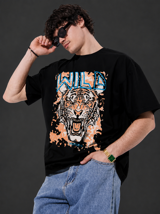 Leotude Men's "Wild" Tiger Print Oversized T-Shirt — Black Streetwear Tee