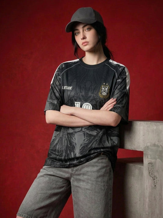 LEOTUDE Women's Dark Beast Soccer Jersey — Oversized Sport T-Shirt (Black)