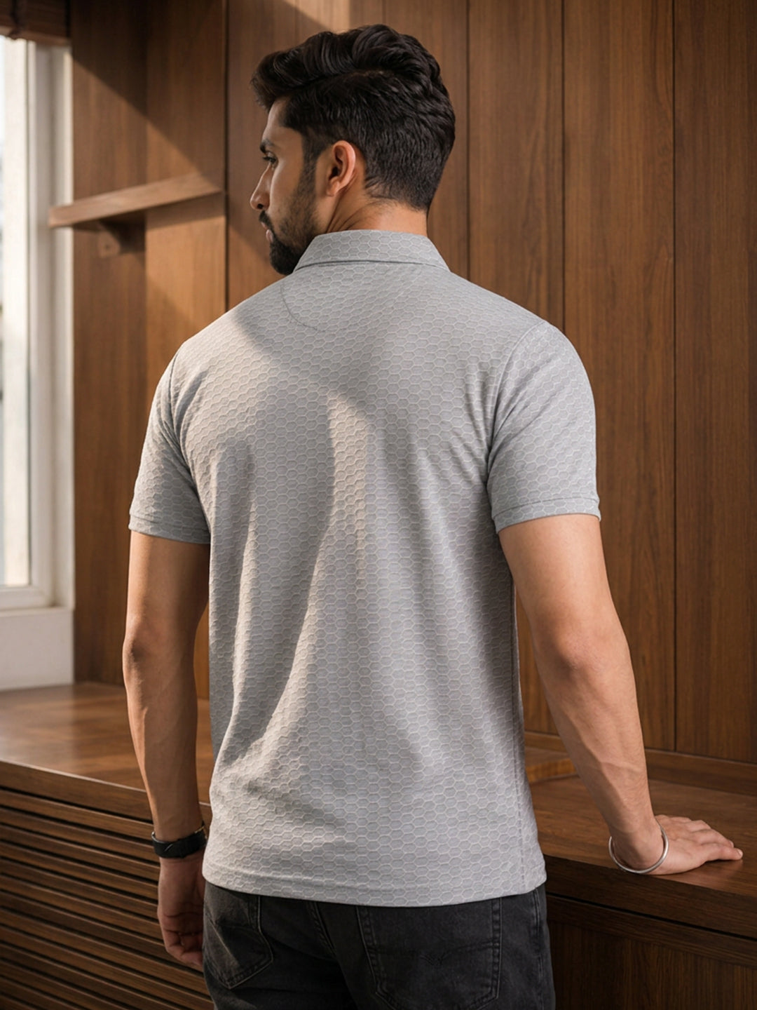 Leotude Men's Grey Honeycomb Textured Half Zip Polo T-Shirt