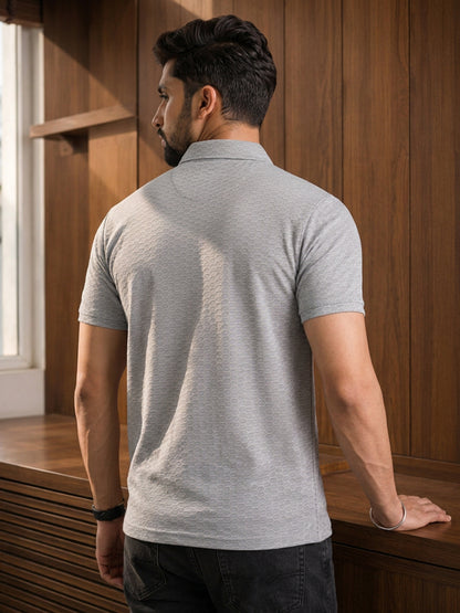 Leotude Men's Grey Honeycomb Textured Half Zip Polo T-Shirt