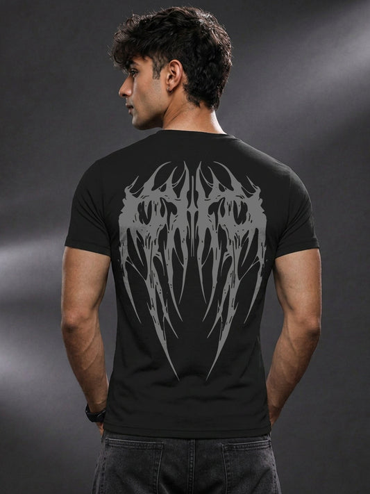 Leotude Black Gothic Wings Printed Regular Fit Tshirt for Men