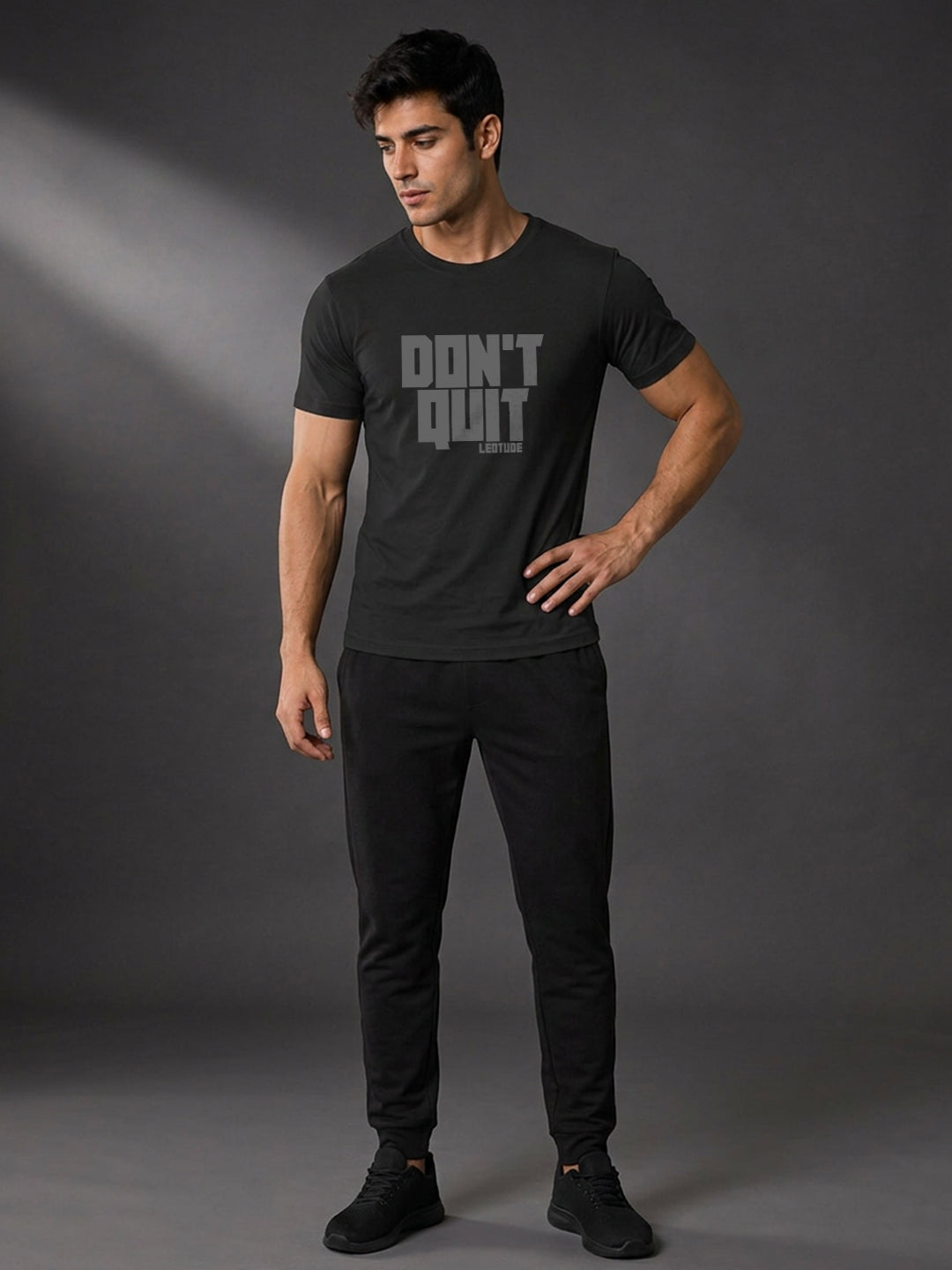 Leotude Black Dont Quit Printed Regular Fit Tshirt for Men
