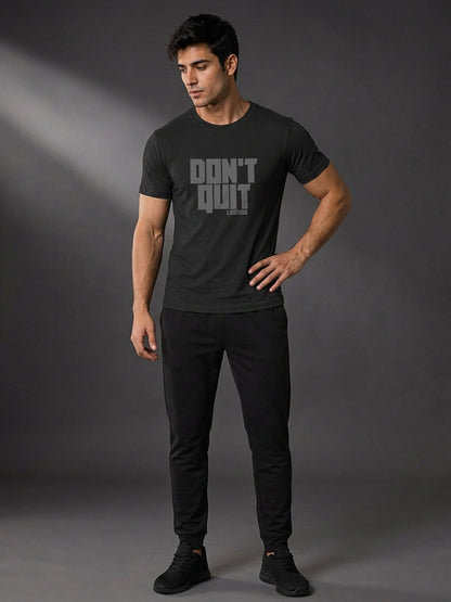 Leotude Black Dont Quit Printed Regular Fit Tshirt for Men